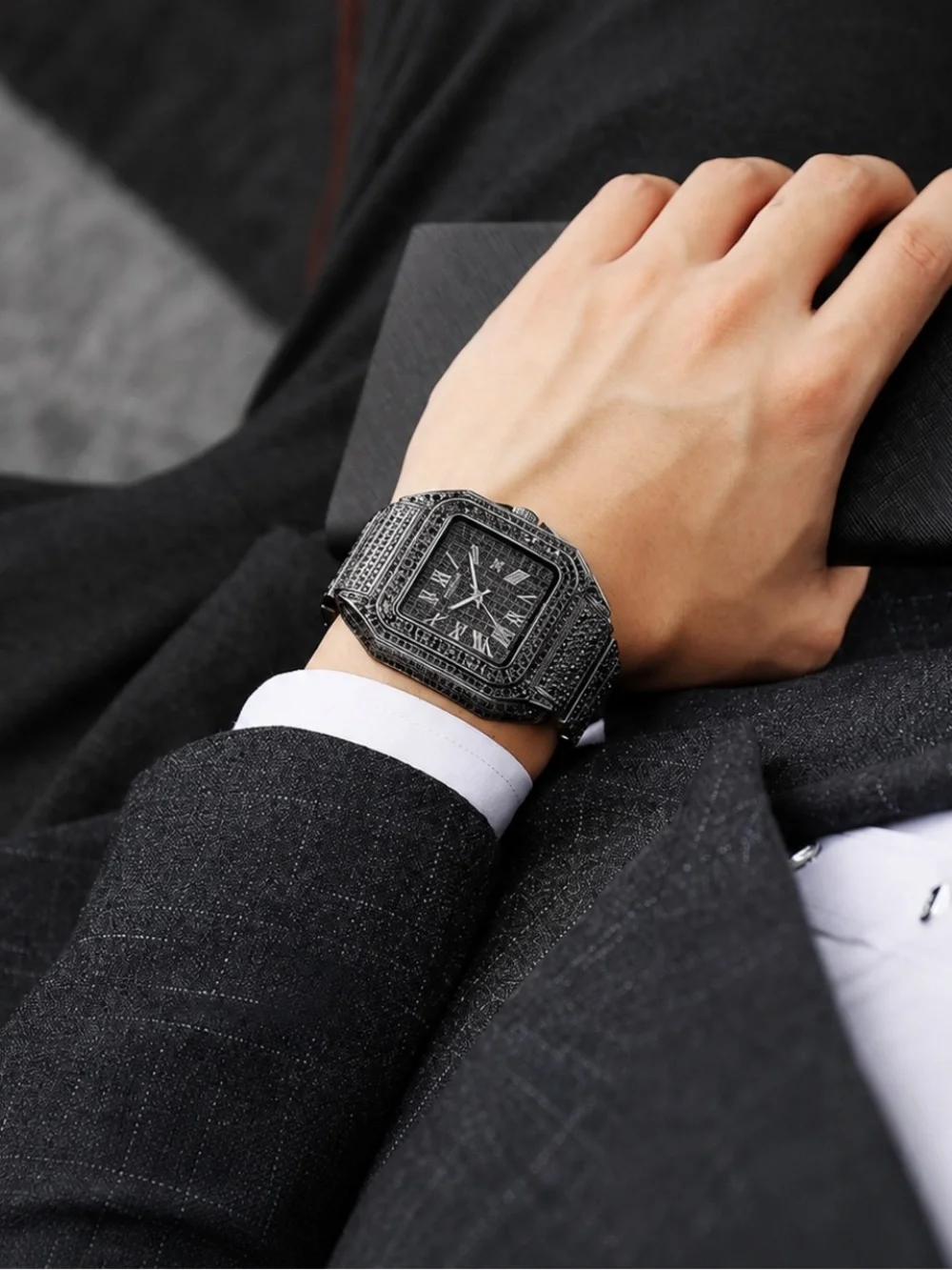 Bust Down Black Diamond Watch Stainless Steel Iced Out VVS Simulated Diamonds